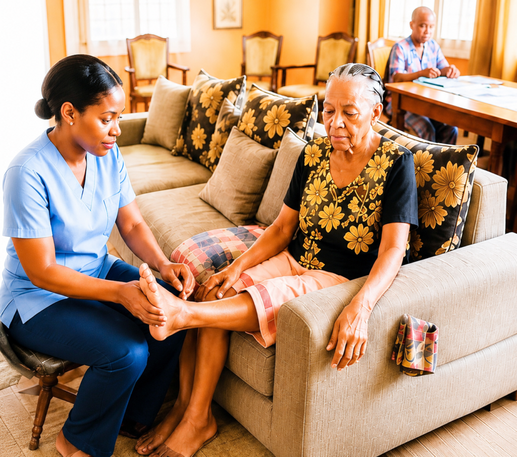 Caregiver massaging an elderly woman's feet in her living room