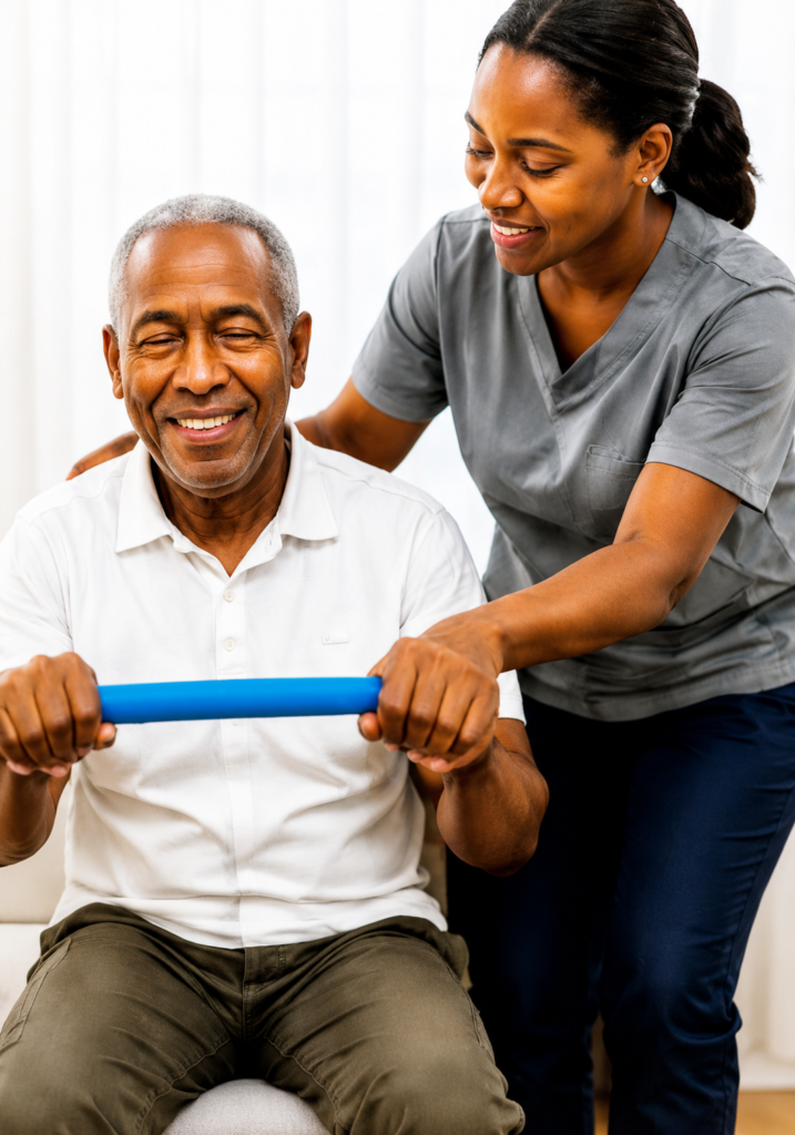 Caregiver helping a client with a resistance band exercise