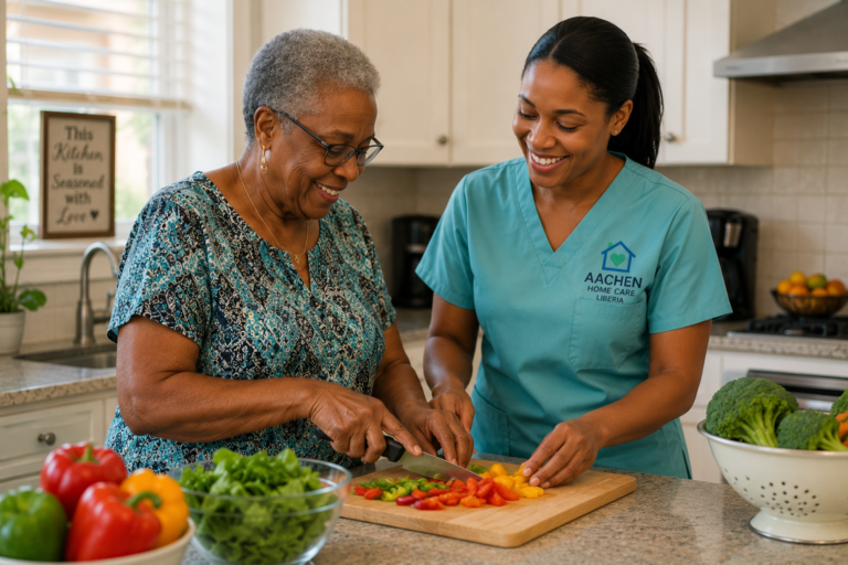 Caregiver cooking with an elderly woman